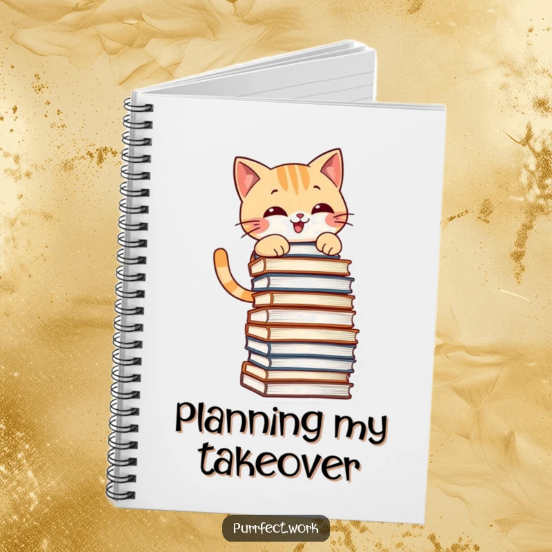 Funny notebook with a mischievous cat grinning while climbing a stack of files, perfect for notes and journaling.