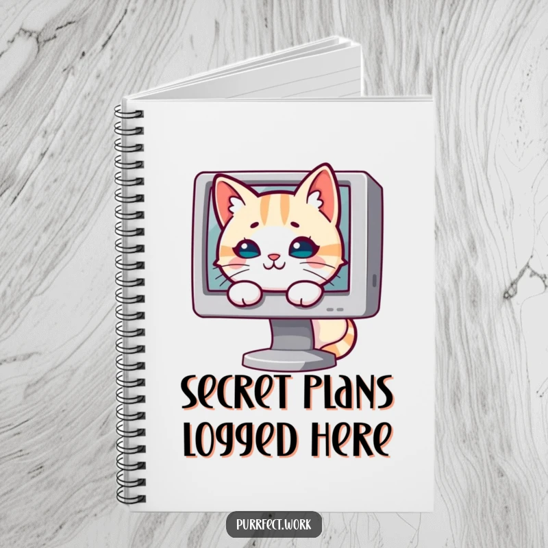 Funny cat notebook with a mischievous cat hiding behind a computer screen, its eyes full of secrets.