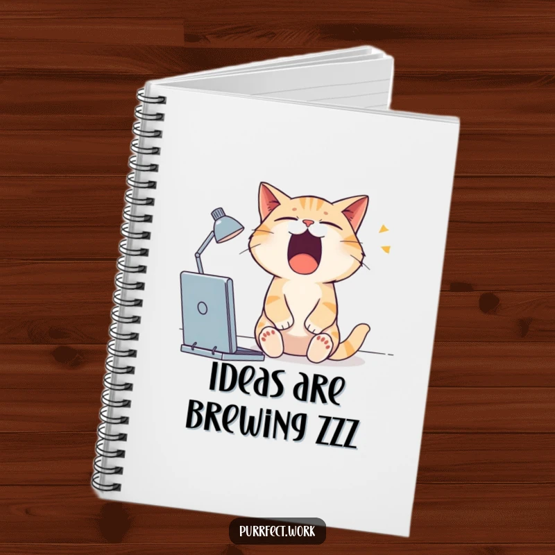 Funny cat notebook with a sleepy cat yawning widely at its desk, perfect for jotting down ideas.