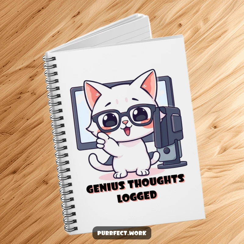 Funny notebook with a cat wearing glasses enthusiastically pointing at a computer screen, inspiring smart notes.