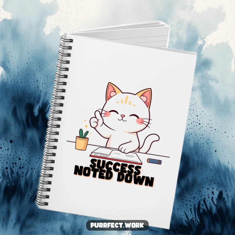 Funny notebook with a cat at a desk giving a triumphant thumbs-up, ideal for journaling achievements.