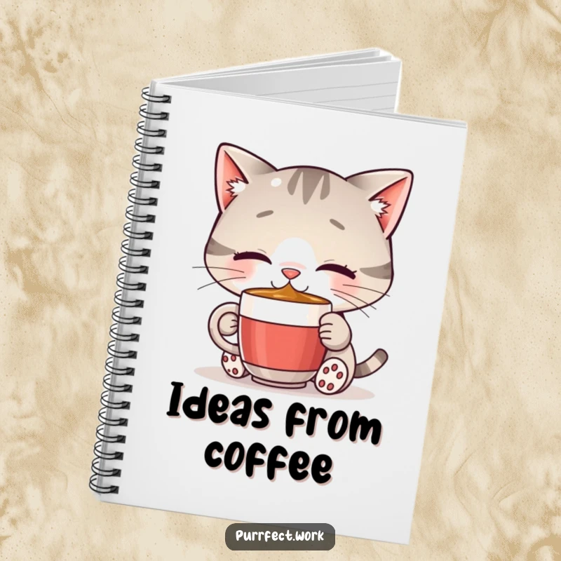 Funny cat coffee notebook featuring a happy cat drinking from a miniature mug, inspiring joyful note-taking and creative ideas.