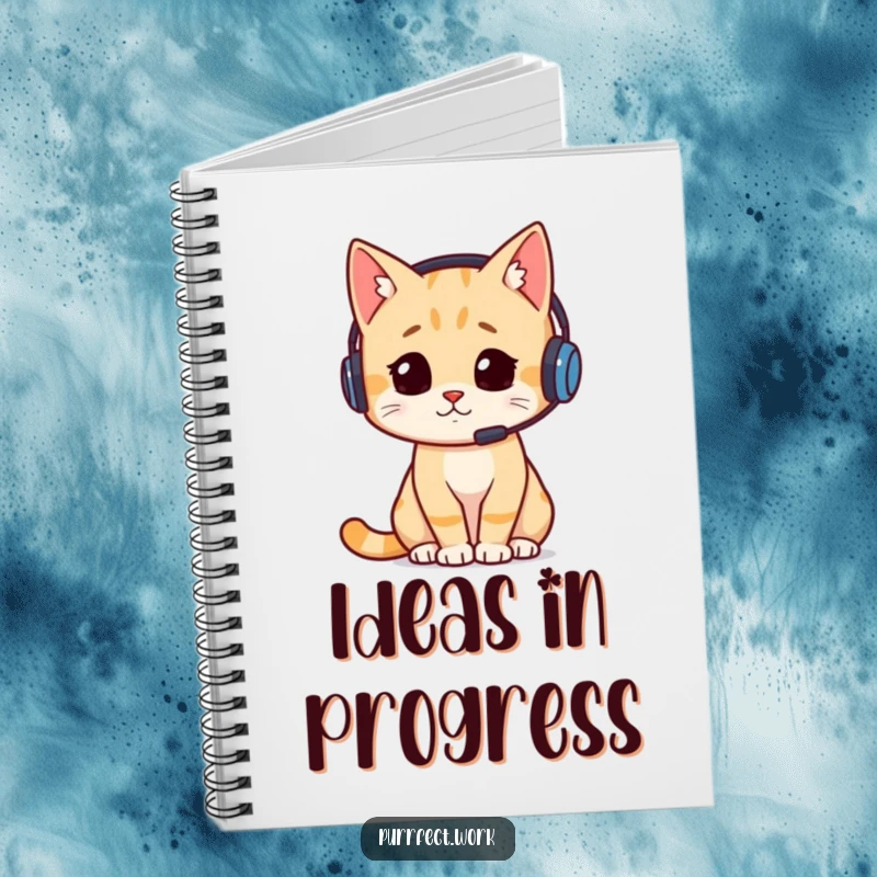 Funny notebook cover with a busy cat wearing a headset, symbolizing focused work and study with a humorous and charming appeal.