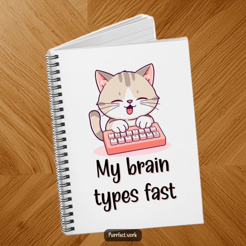 Funny busy cat notebook, a cat typing furiously on a mini keyboard, ideal for school and personal journaling.