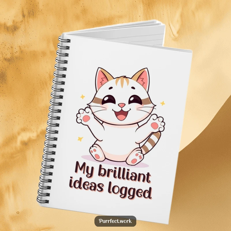Funny joyful cat sorting papers with frantic paws, beaming, a humorous notebook for notes and a funny gift.