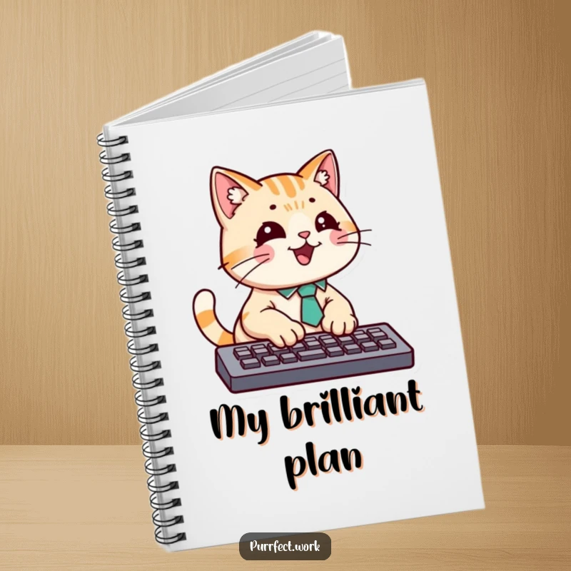 Funny notebook with a cat in a tie typing seriously on a keyboard, ideal for jotting down work notes.