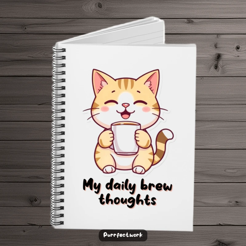 Funny, cheerful cat character holding a miniature coffee mug on a notebook cover, inspiring creative and happy entries.