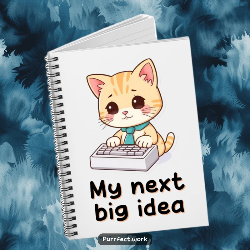 Funny Cat Typist Notebook: A cute cat in a tie is shown typing on a miniature keyboard, perfect for journaling.