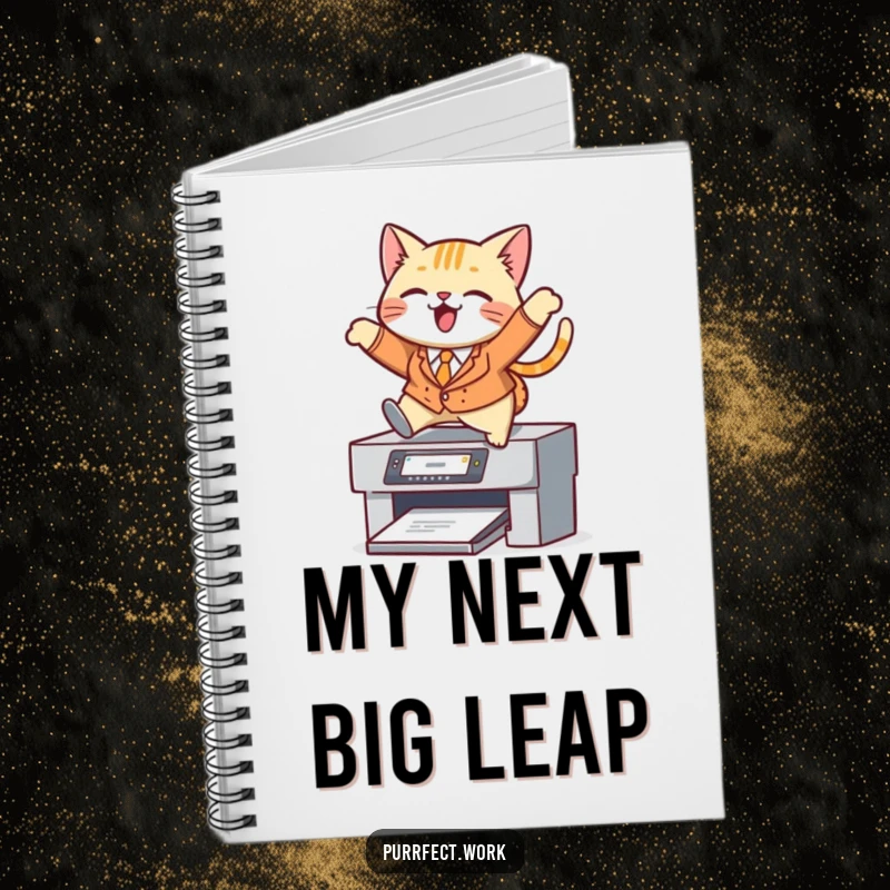 Funny cat notebook, a cat in a suit leaping over a printer, ideal for school, work, and goal setting.