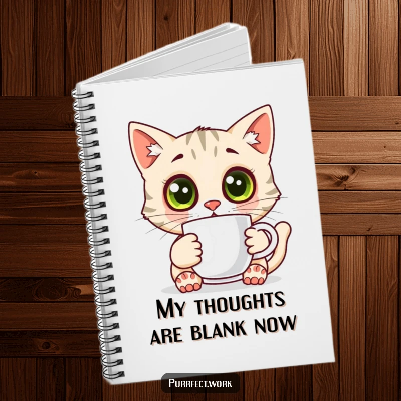Funny surprised cat notebook, a cat with wide eyes holding a coffee mug, ideal for school and personal journaling.