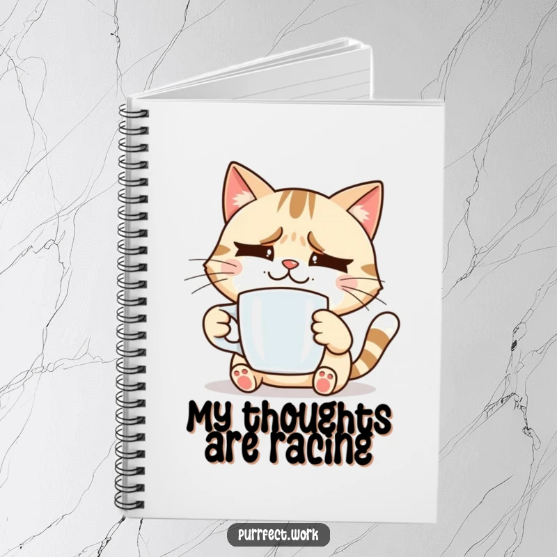 Funny smiling cat holding a coffee mug, looking slightly stressed, a humorous notebook for notes and a funny gift.