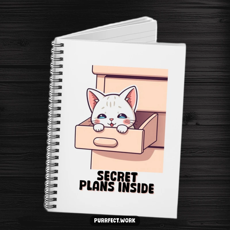 Funny Peek-a-Boo Cat Notebook: A notebook cover shows a curious cat peeking out from a desk drawer.