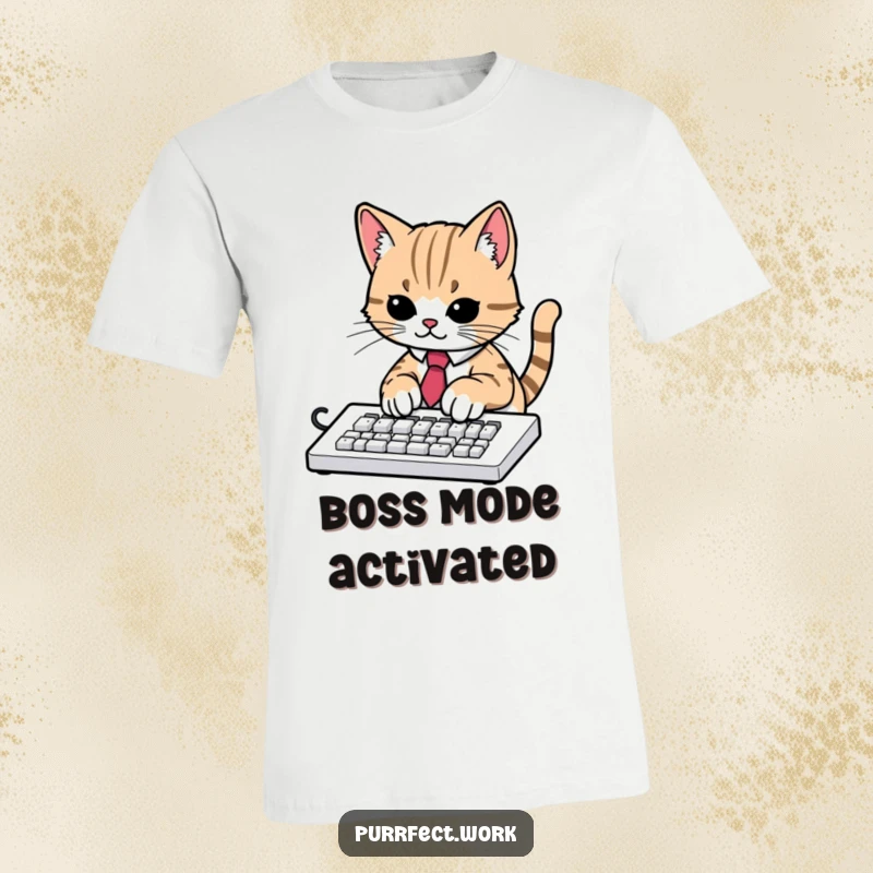 Funny t-shirt graphic of a stressed cat wearing a tie, typing intensely on a computer keyboard, office life humor.