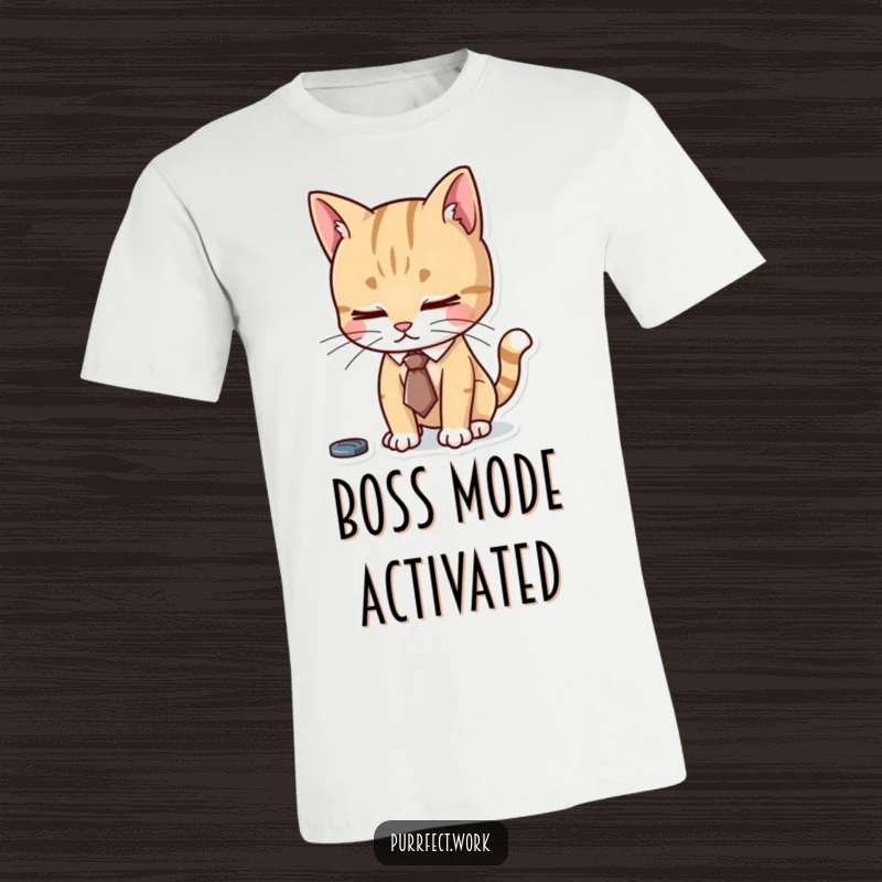 Funny t-shirt depicting a cat in a tiny tie, intensely focused on work, showcasing diligent effort and dapper professionalism.