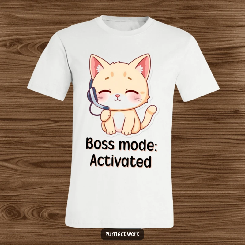 Funny cat wearing a small headset, intensely focused on a phone call, exuding boss-like confidence and humor, on a comfy t-shirt.