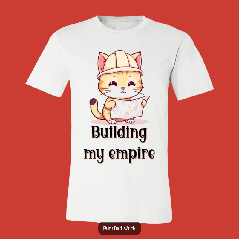 Funny Cat Hard Hat T-Shirt: Playful Builder Cat with Blueprint, Workwear Humor