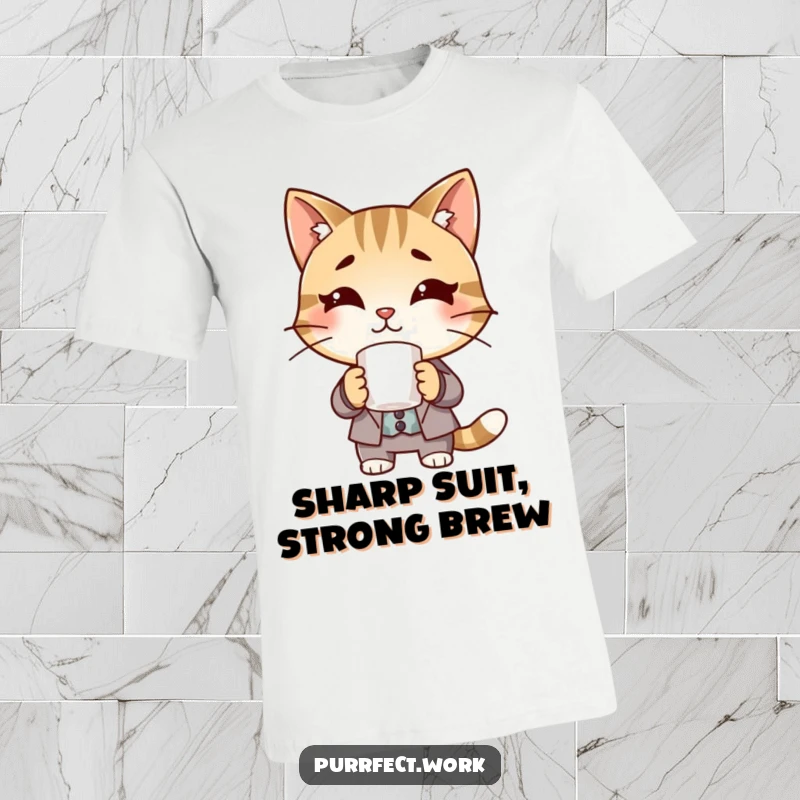 Funny Boss Cat T-Shirt: A stylish cat wearing a suit is depicted holding a coffee mug.