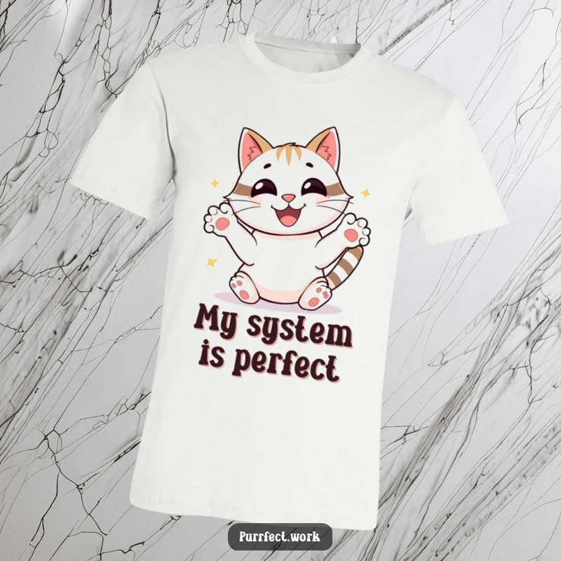 Funny joyful cat sorting papers with frantic paws, beaming, a humorous t-shirt for busy professionals and a funny gift.