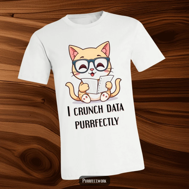 Funny Cat T-Shirt: A studious cat sporting glasses pores over a complex spreadsheet, looking wise and humorous.