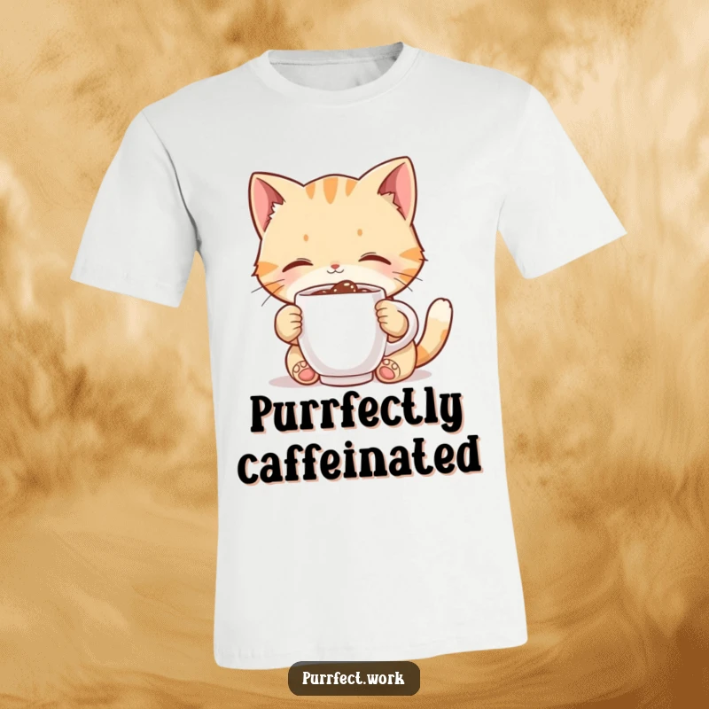 Funny cat t-shirt, cute character joyfully sipping from a miniature coffee mug, celebrating morning coffee rituals with humor.