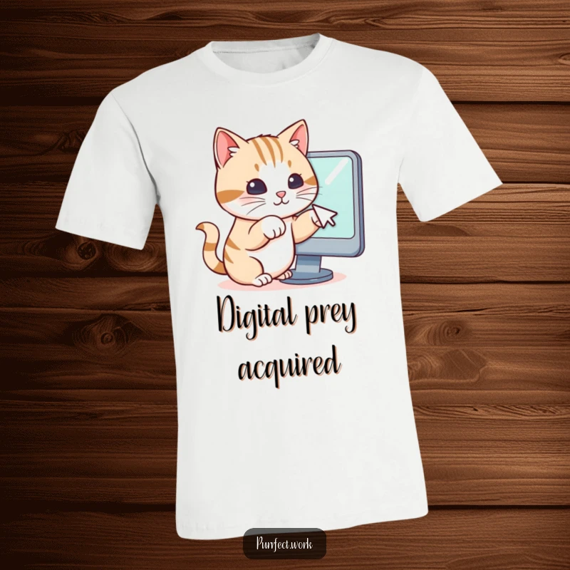 Funny t-shirt graphic of a cat batting its paws at a computer mouse cursor on a screen, embodying digital distraction humor.