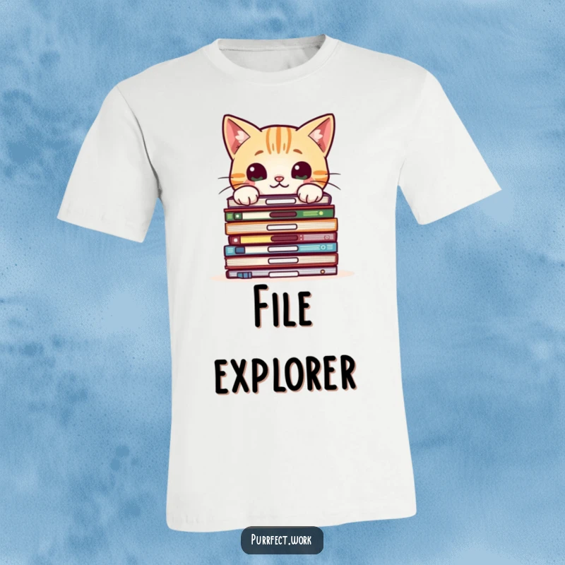 Funny t-shirt showing a curious cat peeking over a pile of office documents, embodying inquisitive humor.