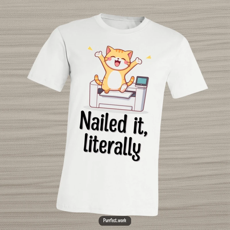 Funny and joyful cat mid-air, leaping triumphantly over a printer, expressing pure happiness and humor on a t-shirt.