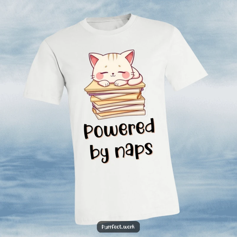 Funny Cat T-Shirt: A relaxed cat sleeps peacefully on a tall stack of papers, showcasing adorable exhaustion humorously.