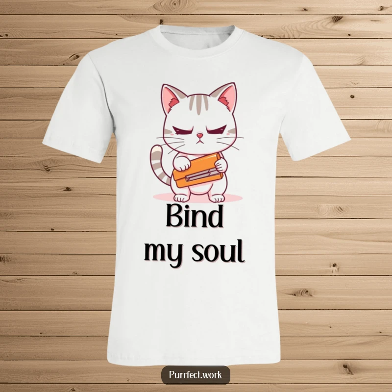 Funny t-shirt with a cat character nervously holding a stapler, capturing office stress and feline anxiety for a humorous gift.