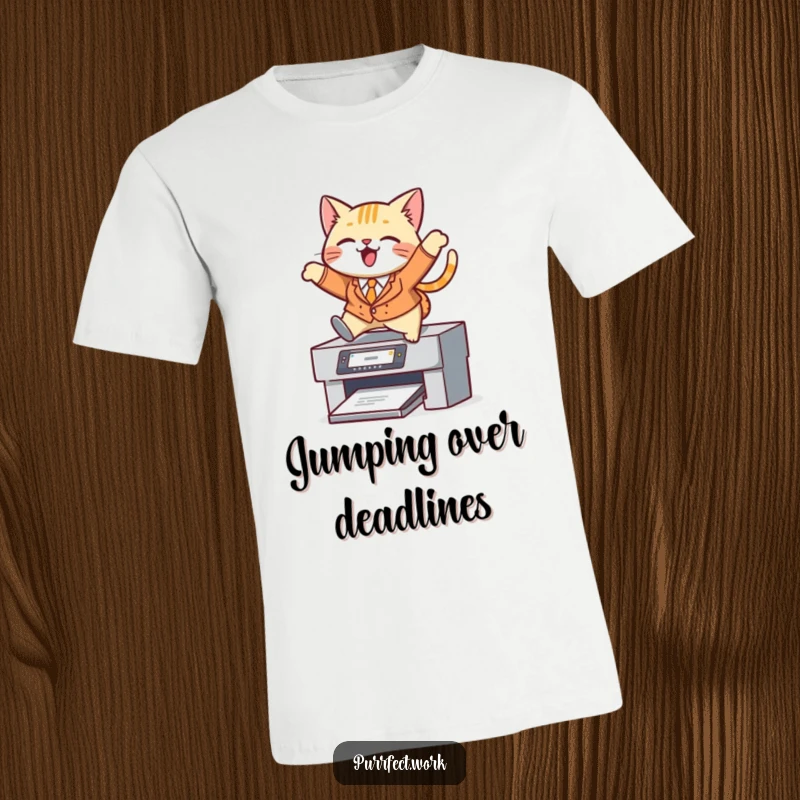 Funny cat t-shirt, a cat in a suit leaping over a printer, perfect for office humor and promotions.