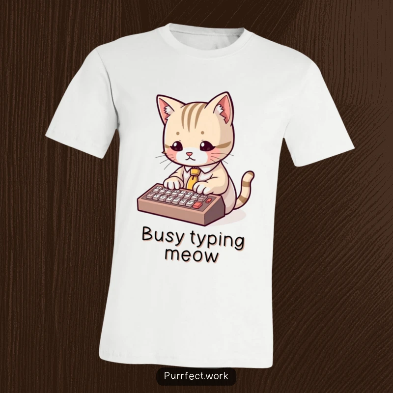 Funny T-Shirt depicting a cute cat wearing a tiny tie and typing on a miniature keyboard, showcasing a humorous professional.