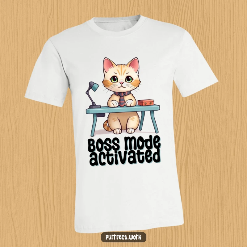Funny t-shirt graphic of a cat wearing a small tie, sitting attentively at a tiny desk, looking ready to conquer the workday.