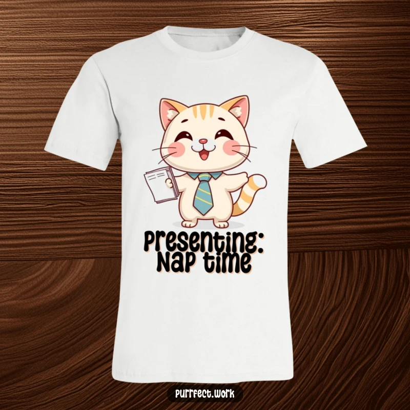 Funny t-shirt showcasing a happy cat in a small tie, holding a stack of papers, ready to present with a smile.
