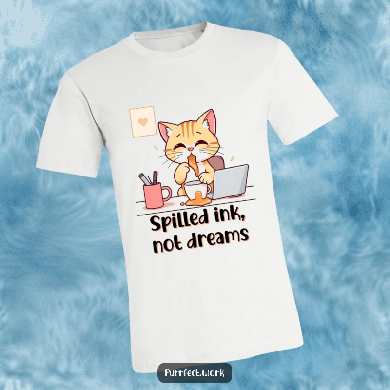 Funny t-shirt graphic of a cat at a desk, comically knocking over a coffee mug, illustrating caffeine-fueled mishaps.