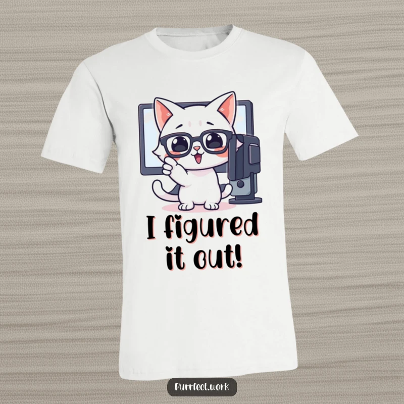Funny t-shirt featuring a cat with spectacles pointing energetically towards a glowing computer monitor, full of discovery.
