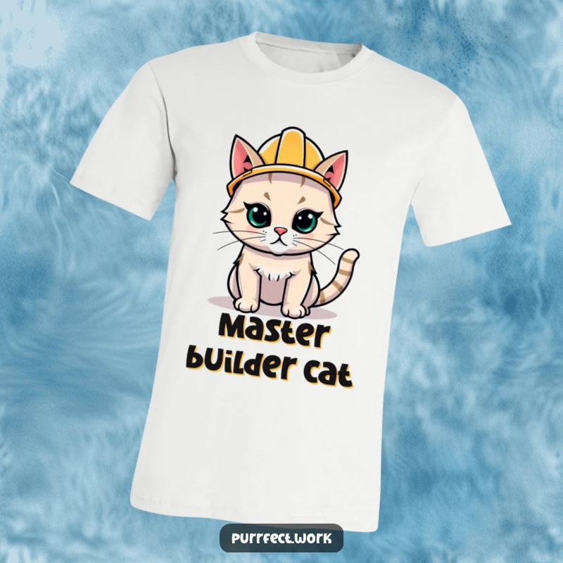 Funny Hard Hat Cat T-Shirt: A cute cat sporting a small yellow hard hat with a determined look, ready for any task.