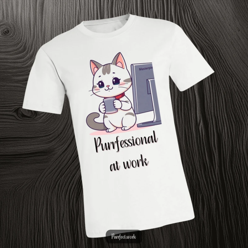 Funny t-shirt with a cheerful office cat holding coffee, staring at a monitor, ideal for work humor and cat enthusiasts.