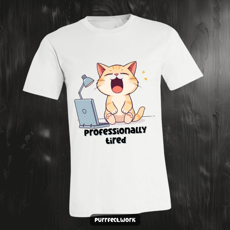 Funny cat t-shirt depicting a cat yawning widely at its desk, conveying extreme tiredness and desire for sleep.