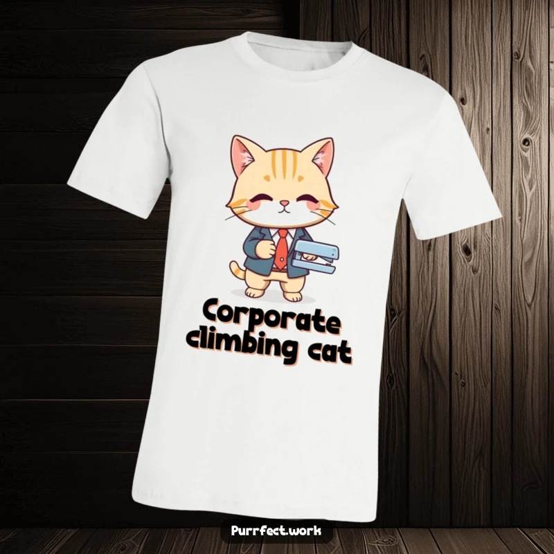 Funny t-shirt graphic of a cat wearing a business suit, using a stapler with determination, perfect for office and professional humor.