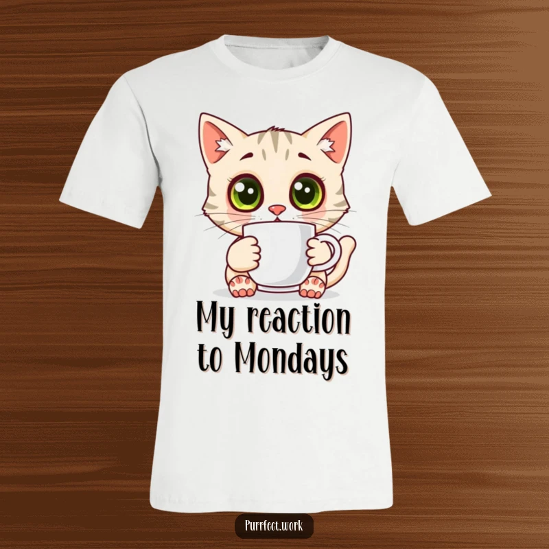 Funny surprised cat t-shirt, a cat with huge eyes holding a coffee mug, perfect for expressing shock.
