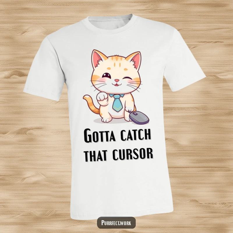 Funny cat t-shirt, a stylish cat in a tie attacking a mouse cursor, great for programmers and cat lovers.
