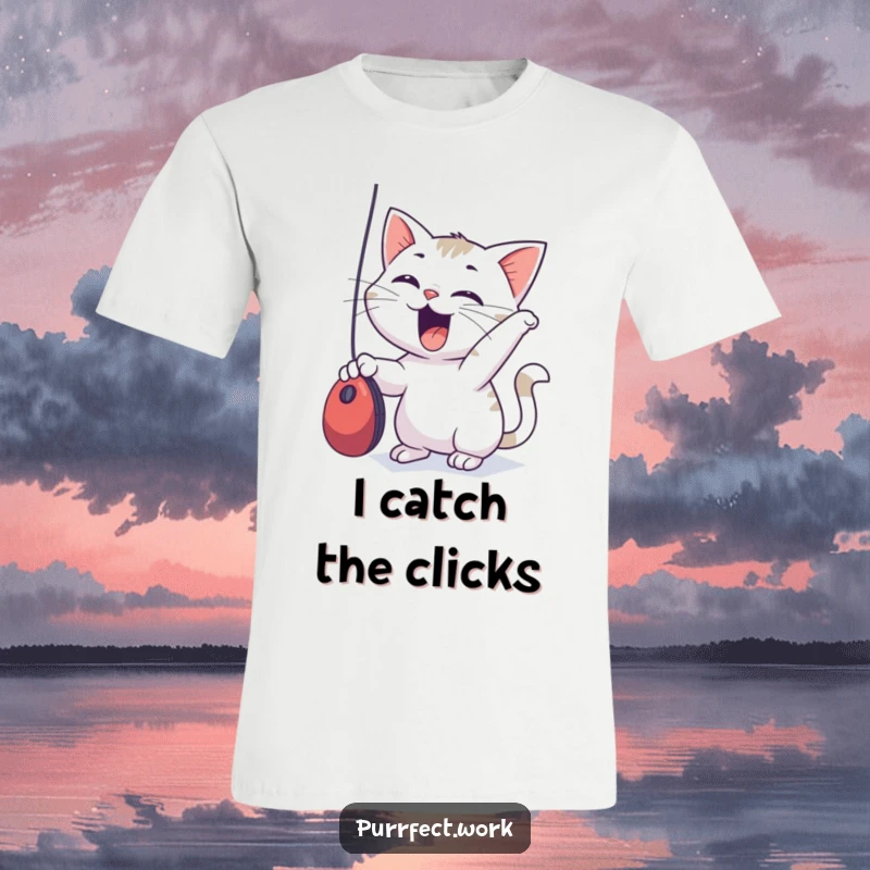 Funny T-Shirt depicting an excited cat gleefully attacking a dangling computer mouse, full of playful energy.