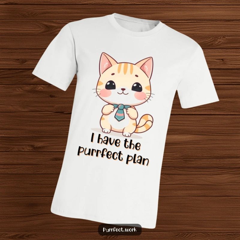 Funny cat presentation t-shirt featuring a cheerful cat character sporting a small tie, actively giving a presentation with enthusiasm.