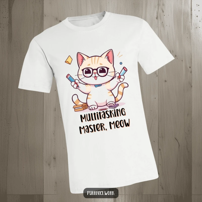 Funny t-shirt featuring a cat intently juggling pens, staplers, and paper clips with its paws, representing office multitasking.