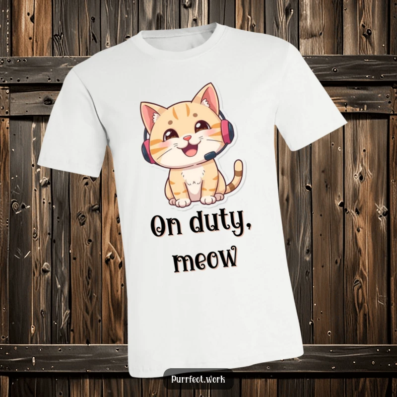 Funny gamer cat t-shirt, a cat wearing a headset looking alert and focused, embodying the spirit of gaming and humor.