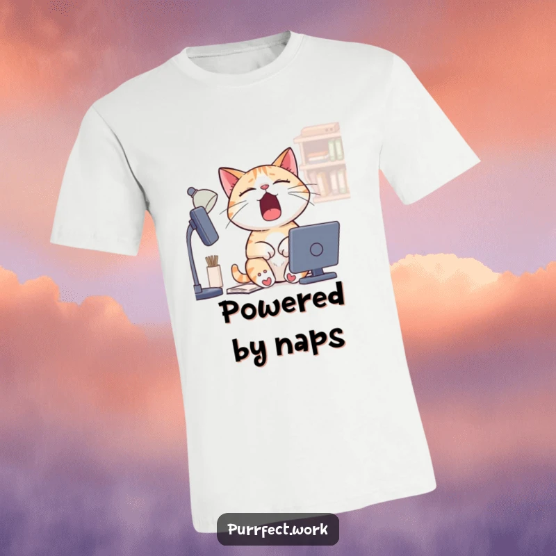 Funny Sleepy Cat T-Shirt: A graphic tee depicting a cat yawning widely at a desk, perfect for anyone feeling tired.
