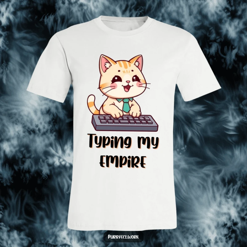 Funny t-shirt of a cat wearing a small tie, typing vigorously on a computer keyboard with focused determination.