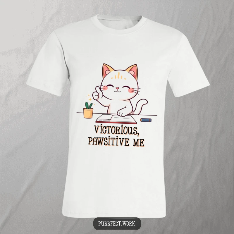 Funny t-shirt featuring a cat at a desk giving a big, proud thumbs-up, radiating confidence and success.