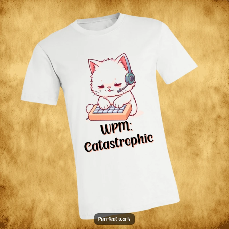 Funny fluffy white cat with a headset, rapidly typing on a miniature keyboard, printed on a t-shirt. Humorous tech apparel.