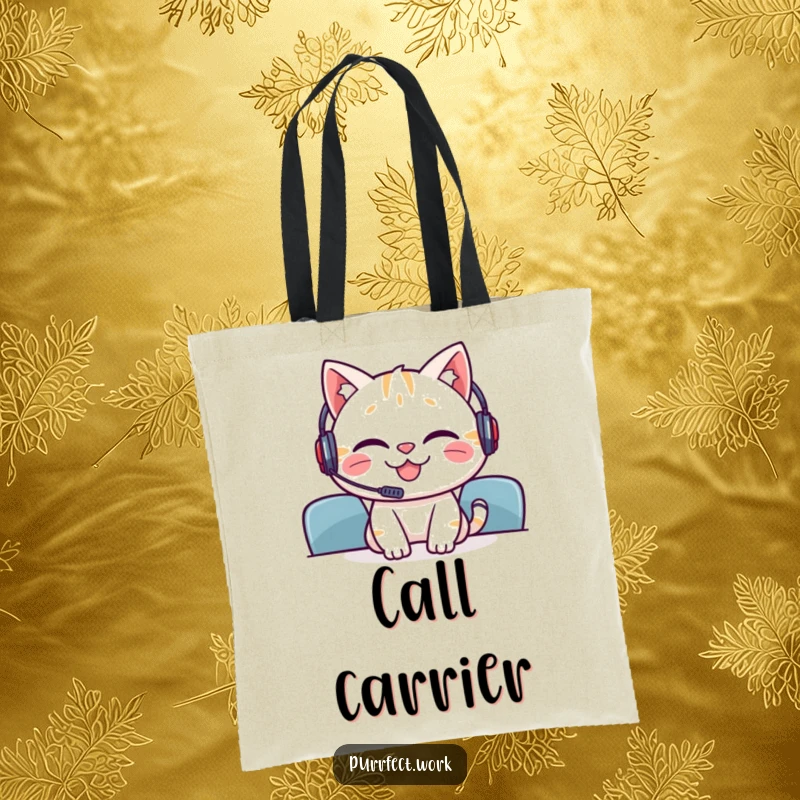 Funny tote bag showing a grinning cat wearing a headset, ready for virtual meetings, ideal for carrying essentials.